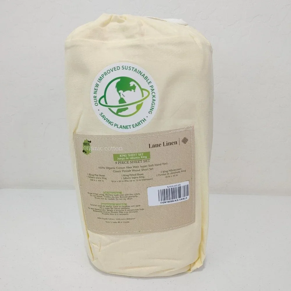 King Size 4 Piece 100% Organic Cotton Sheet Set Light Yellow Color